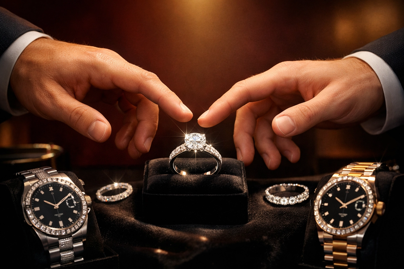 Gay engagement ring moment with two men's hands reaching for diamond symbolizing LGBTQ+ commitment