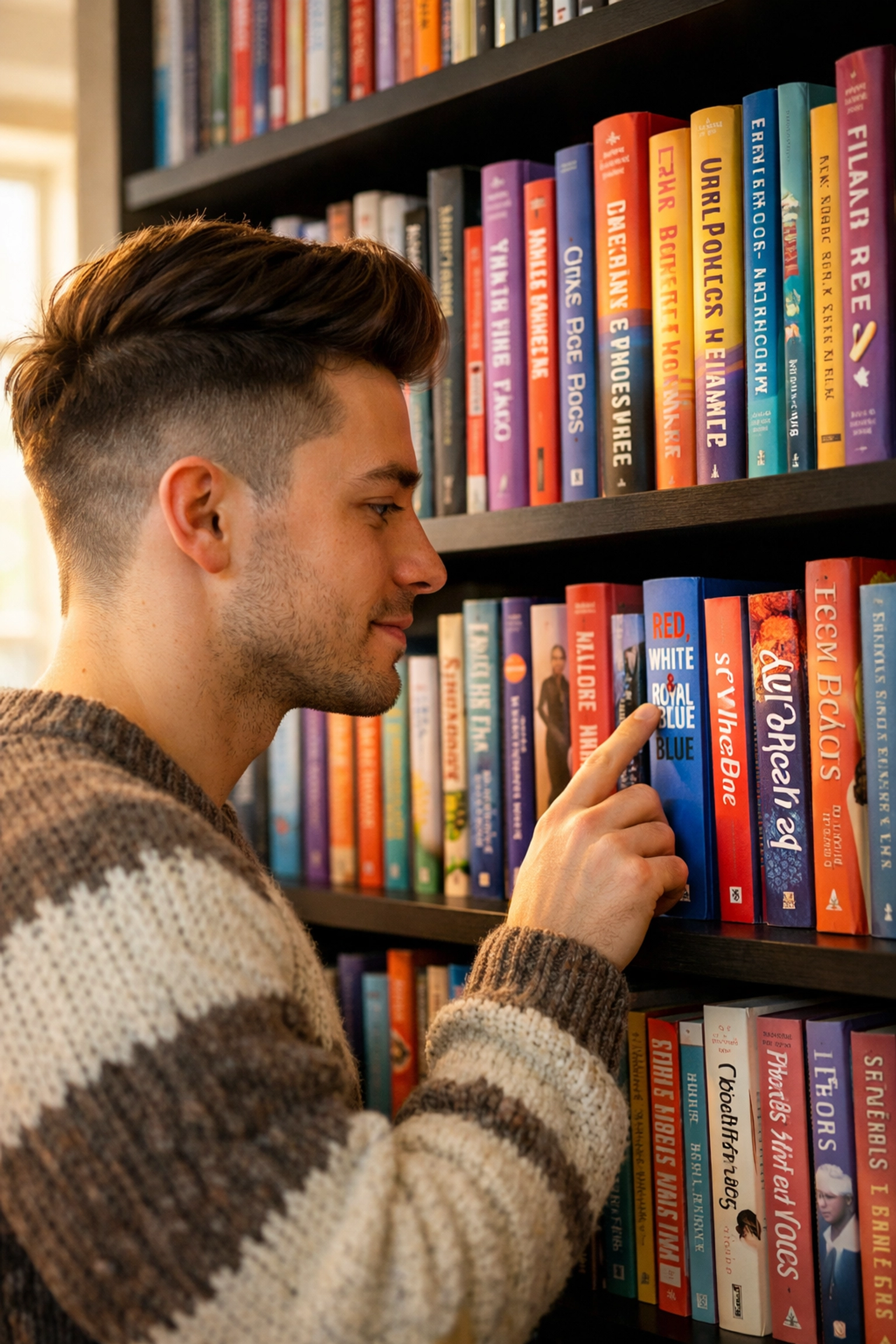 A young gay man in a cozy sweater browses a diverse collection of LGBTQ+ books on a tall wooden bookshelf.