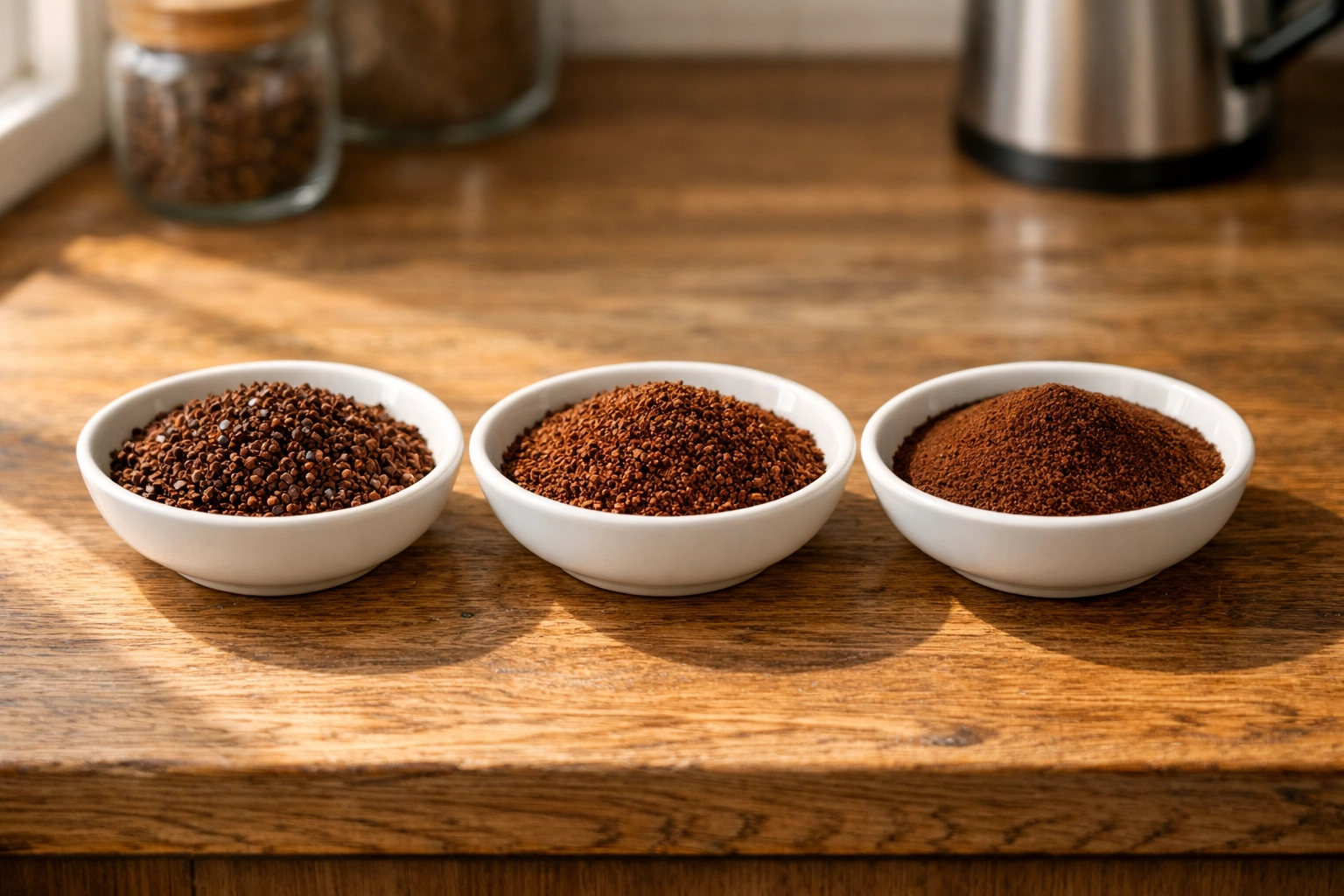 Comparing different coffee grind sizes from coarse to fine in ceramic dishes on a kitchen counter.