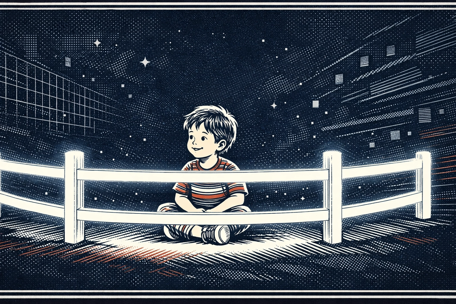 Illustration of a child protected by a light fence from digital online threats.