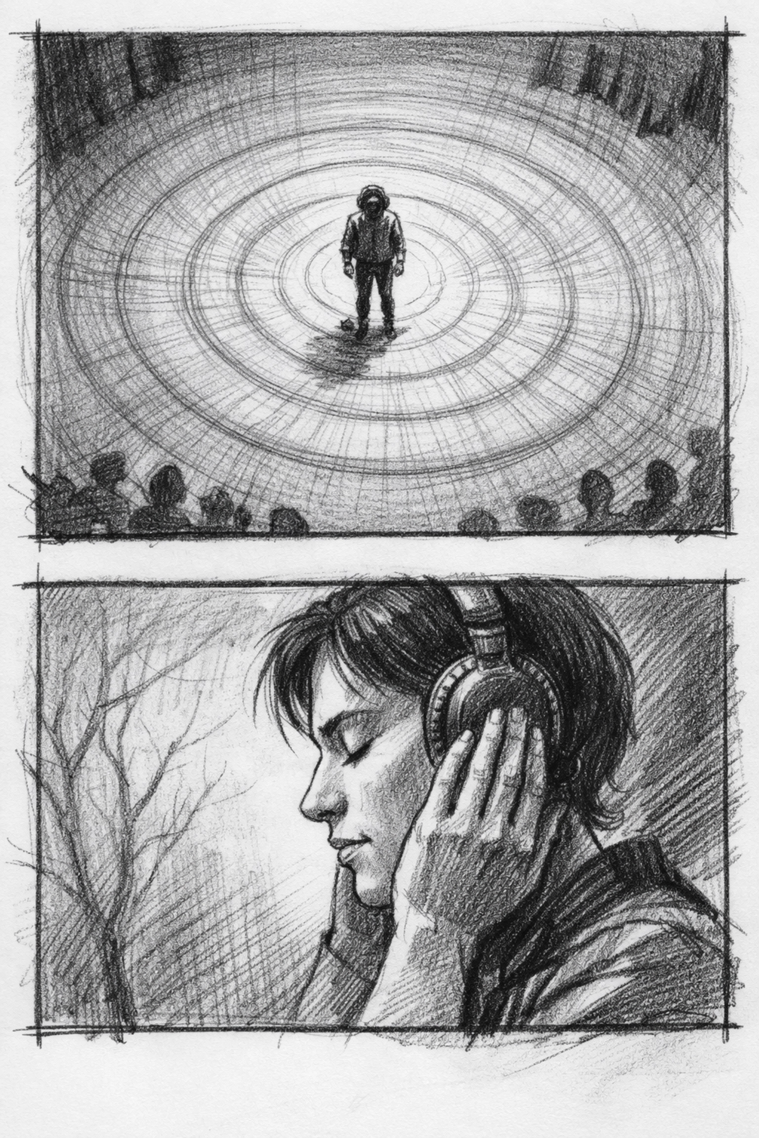 Theater performer wearing headphones for binaural audio immersive sound experience