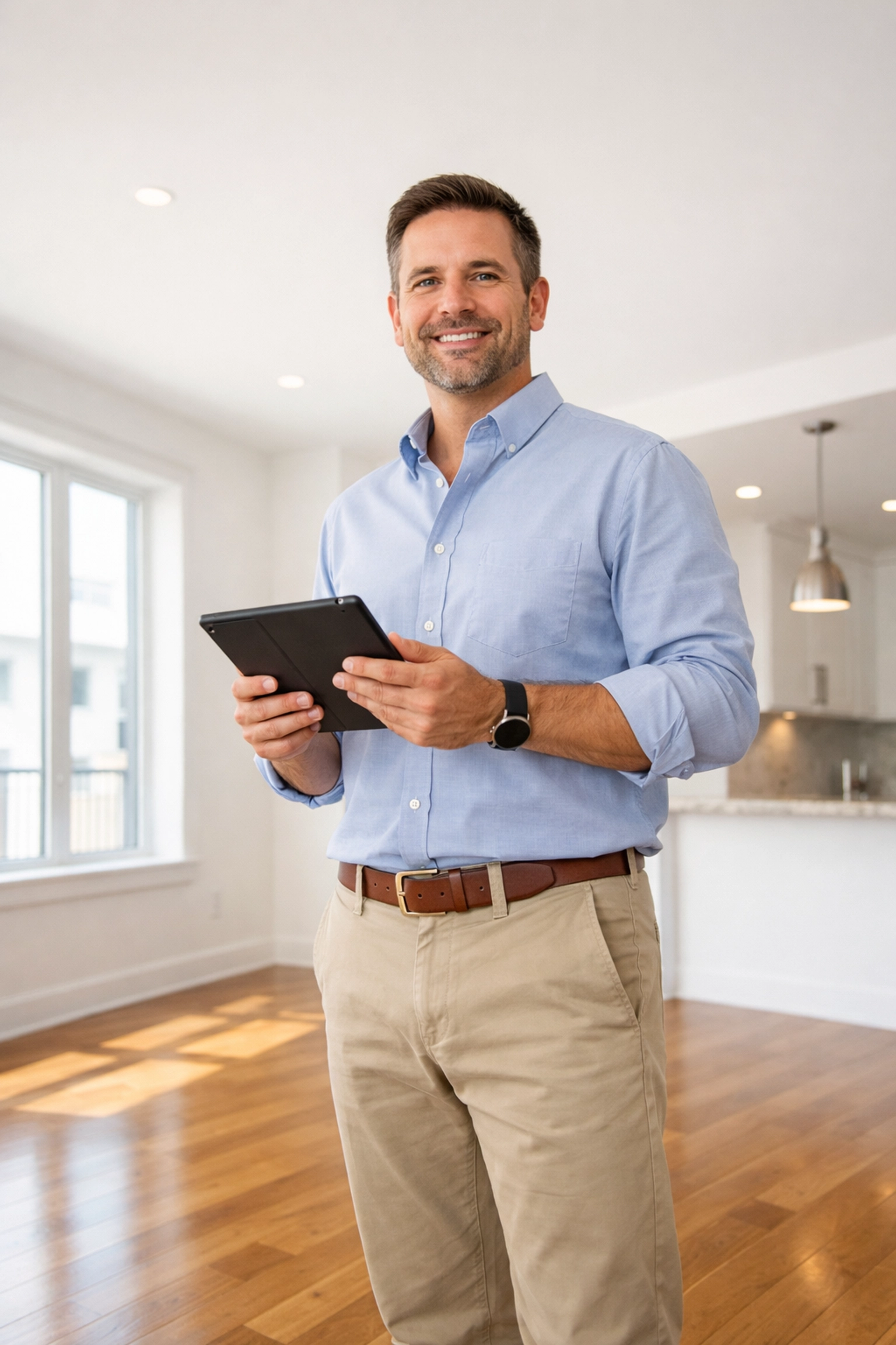 Property manager in fully finished apartment unit ready for tenant showing