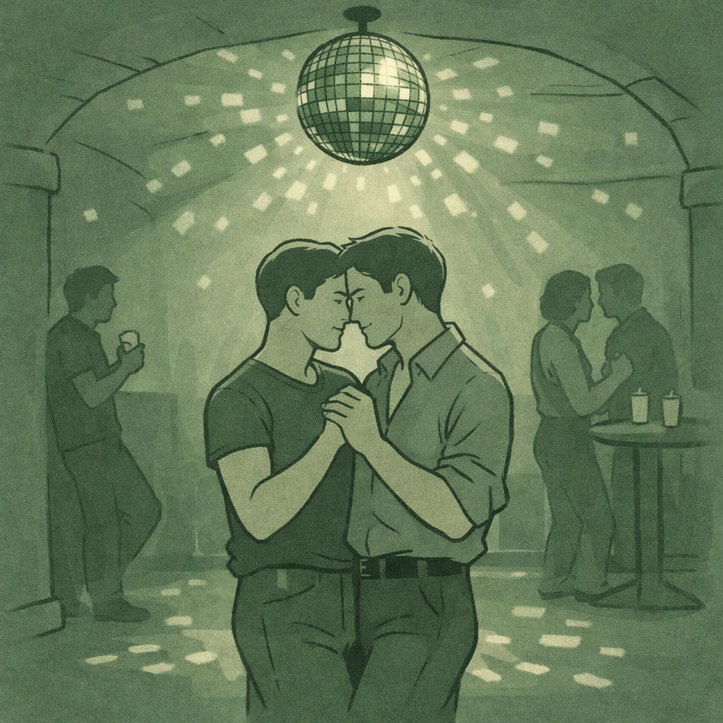 Gay couple dancing at The George Dublin disco in 1980s LGBTQ sanctuary during illegal era