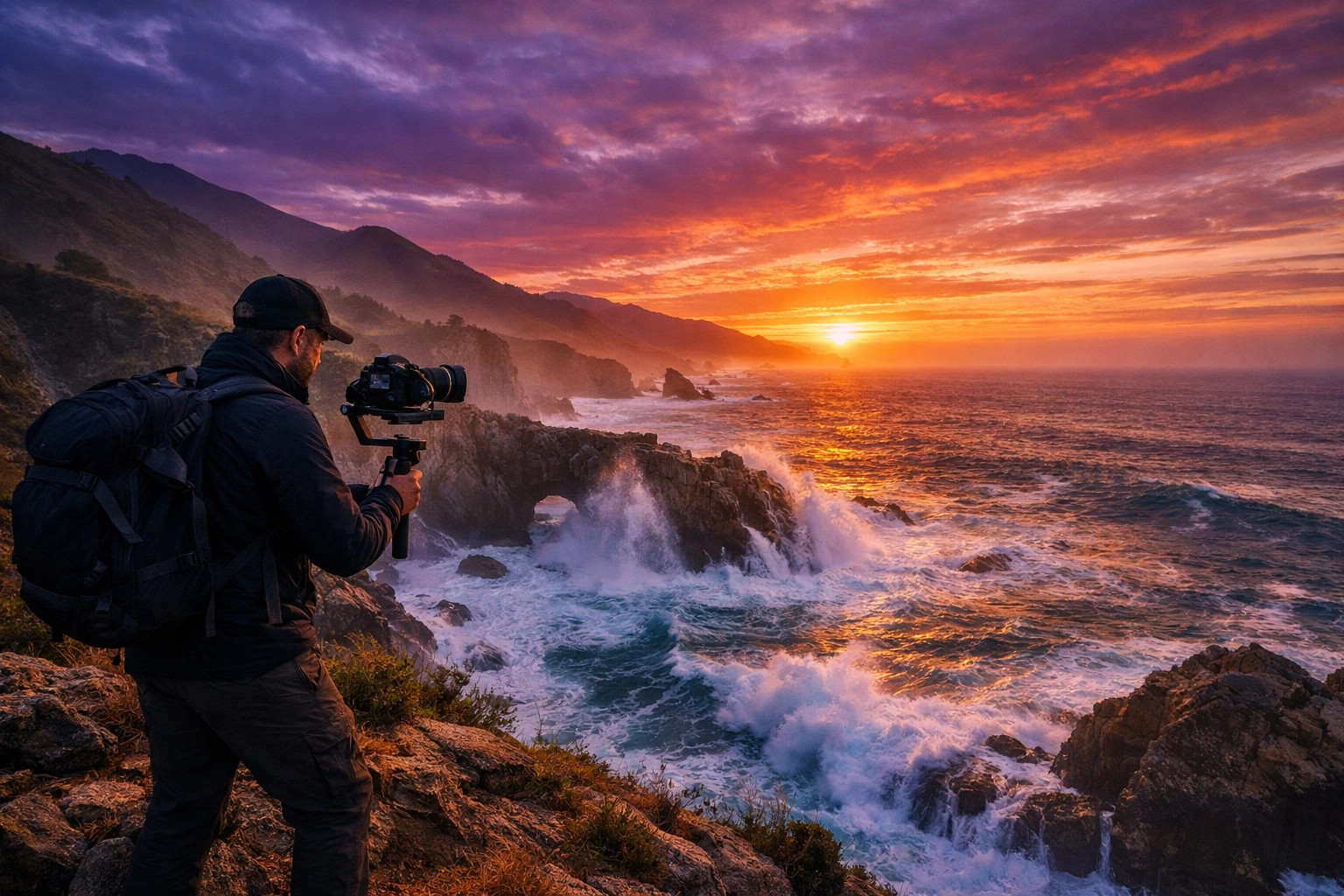 Freelance videographer using a gimbal stabilizer to film a scenic coastline at sunrise.