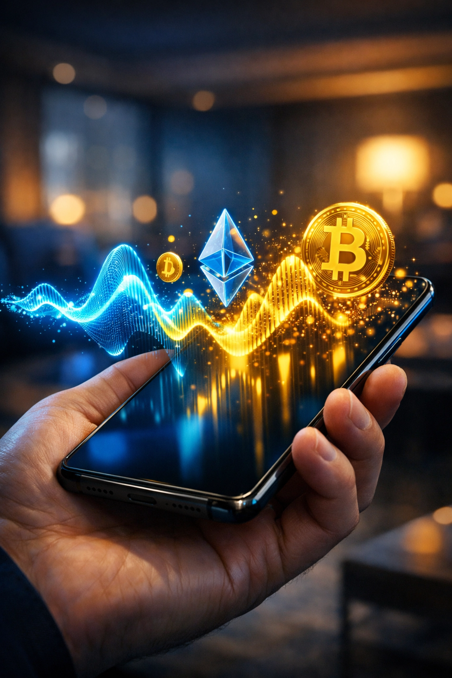 Smartphone displaying AI-driven voice commands for seamless Web3 global payments and crypto transactions.