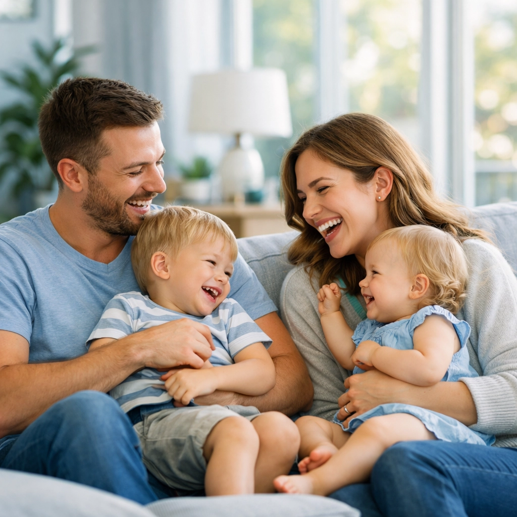 Happy California family in a living room, symbolizing financial security with term life insurance.