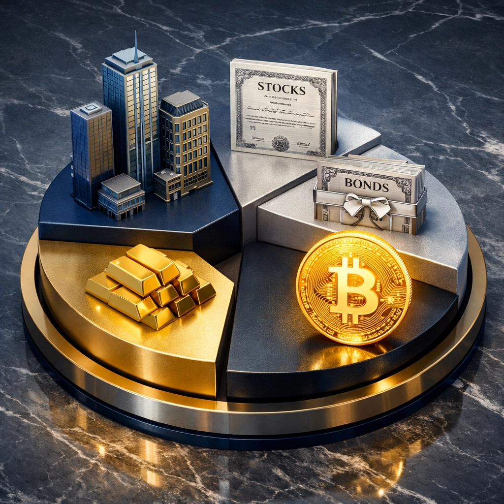 Diversified investment portfolio with Bitcoin integrated alongside traditional assets