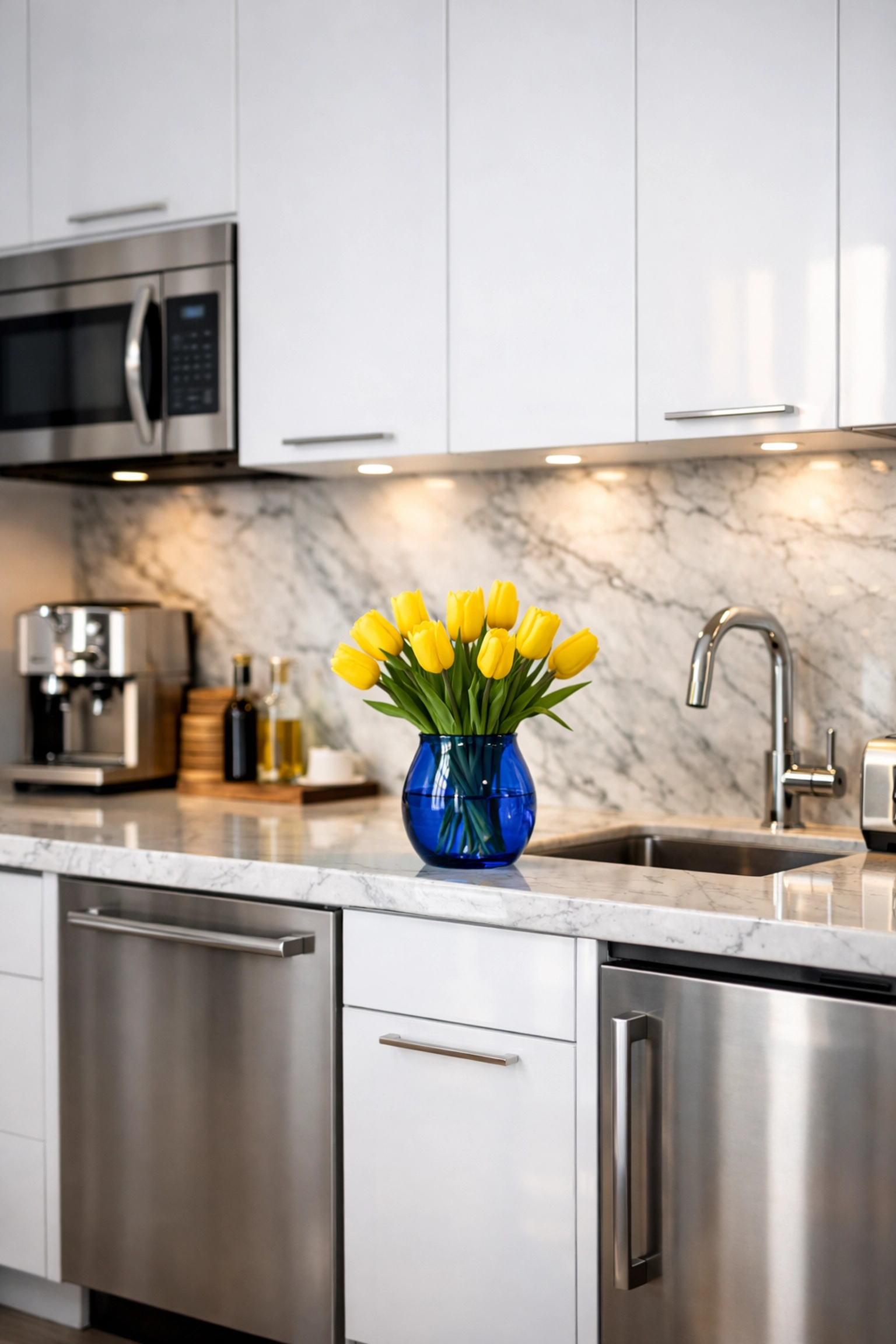 Spotless luxury apartment kitchenette in Leominster featuring sparkling white cabinets and clean appliances.