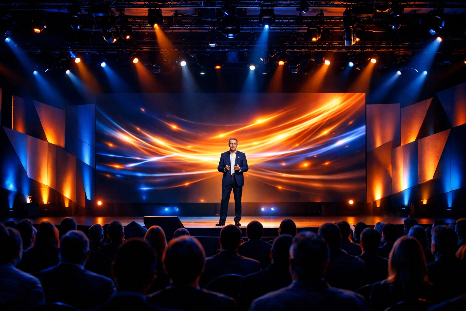 Corporate event stage with professional lighting design and LED video wall during live presentation