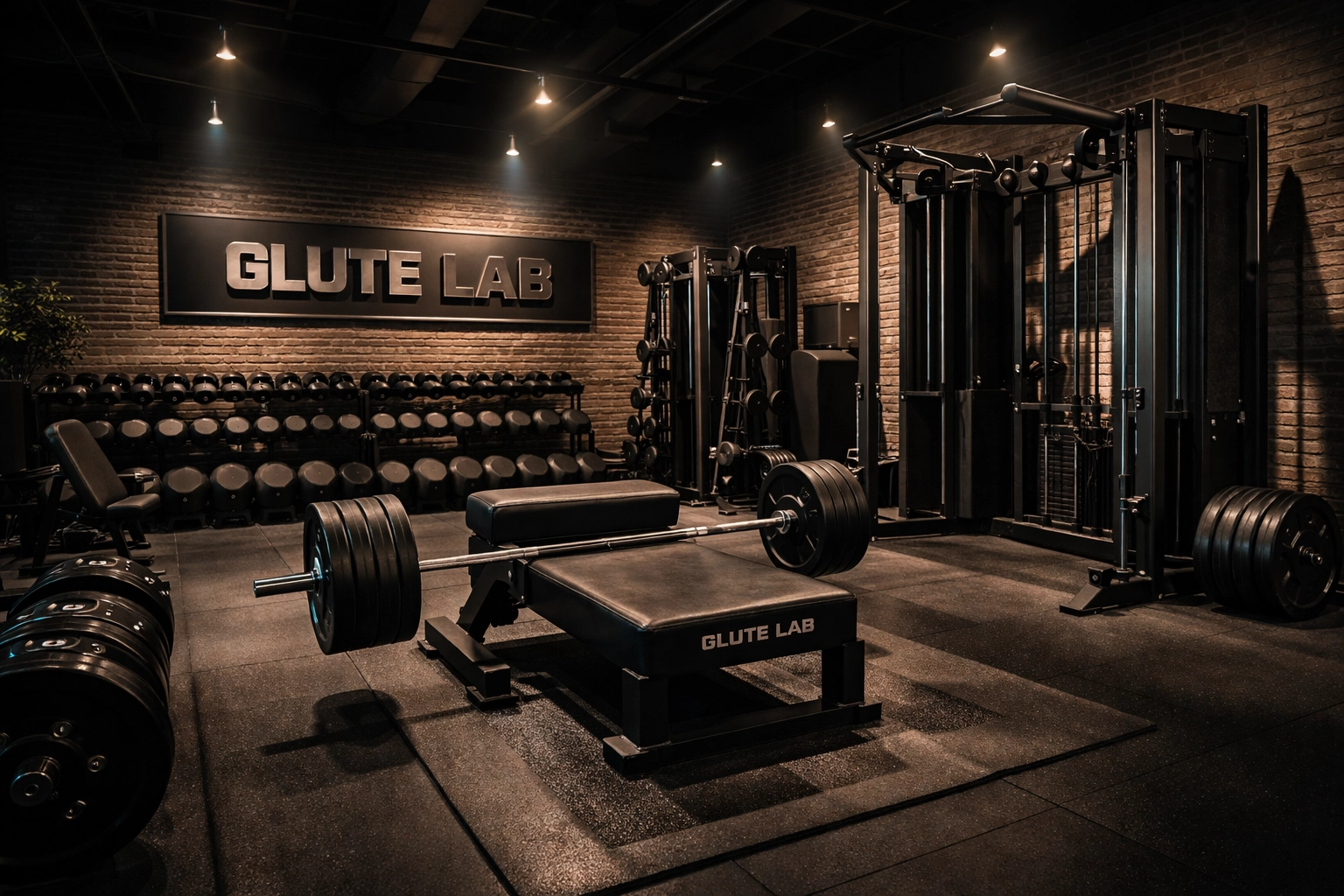 Modern glute lab interior with specialized hip thrust bench and cable machines for glute training near me