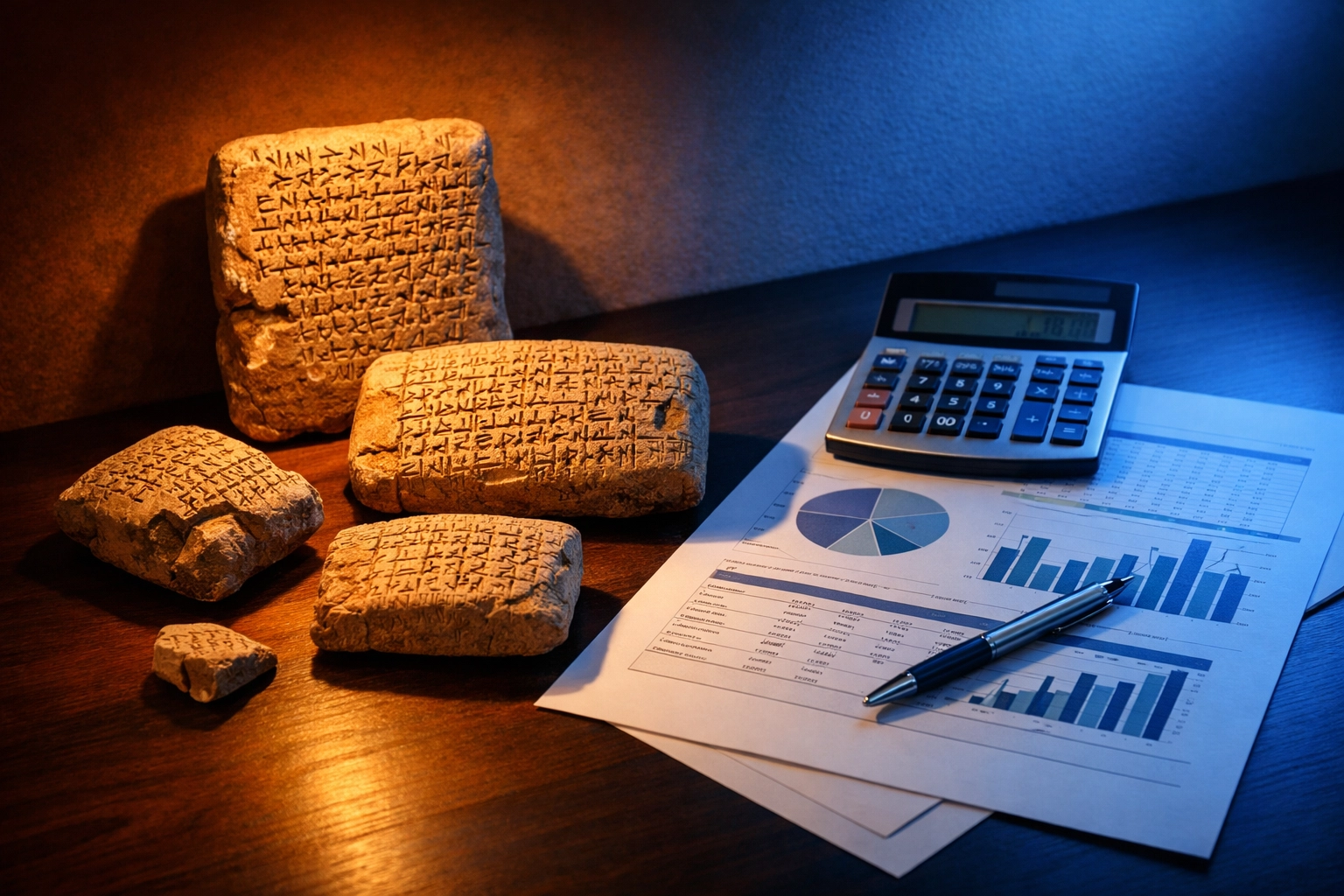 Ancient cuneiform tablets beside modern financial documents showing evolution of money management principles