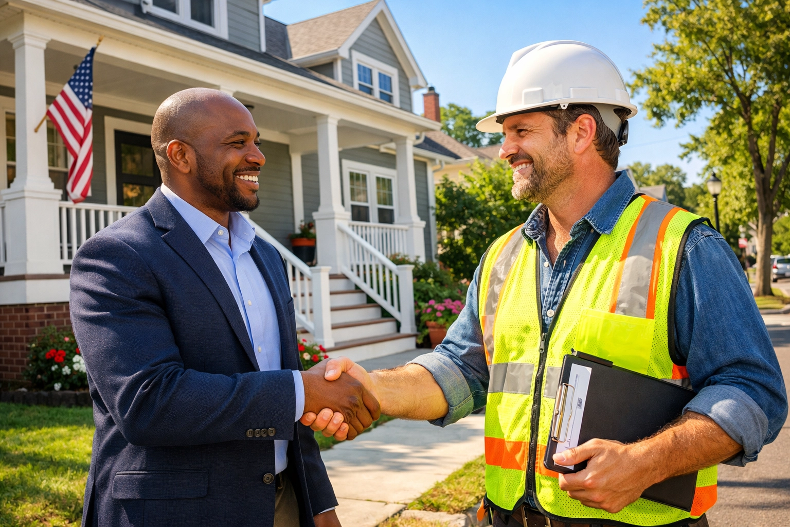 Black professional and contractor shaking hands at a restored home site, highlighting disaster recovery resources in NJ.