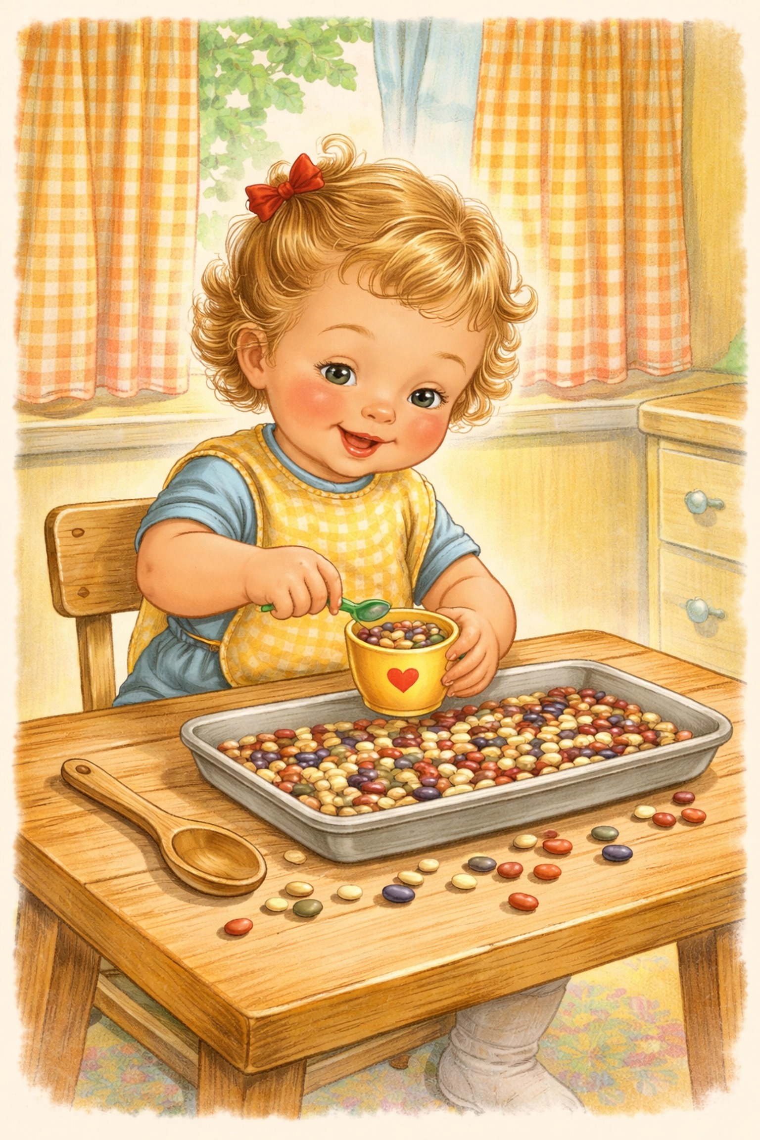 Toddler scooping colorful beans into a cup at a kitchen table, illustrating a sensory tray activity for kids.