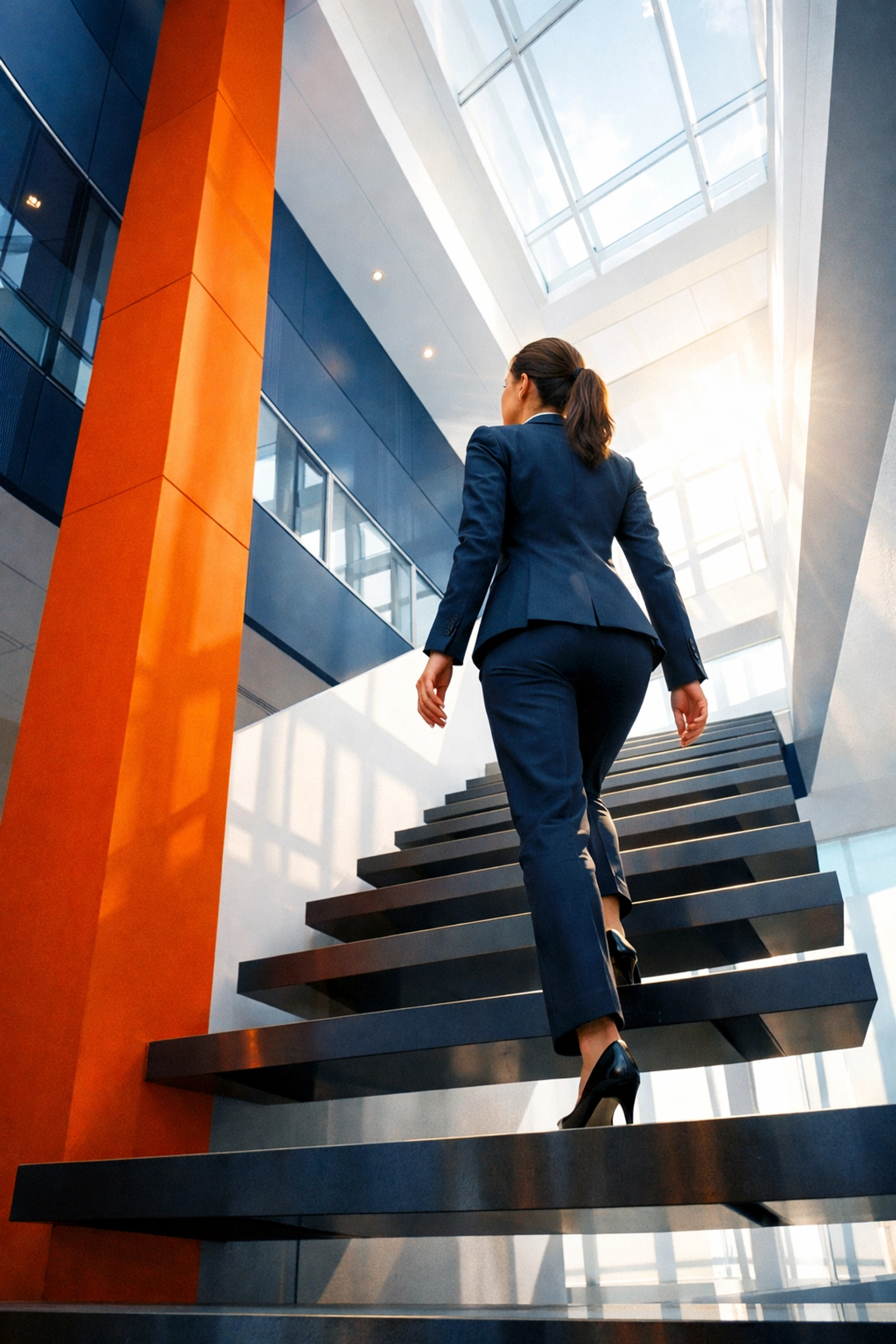Professional woman climbing stairs, symbolizing the ladder for exit strategy and increasing business value.