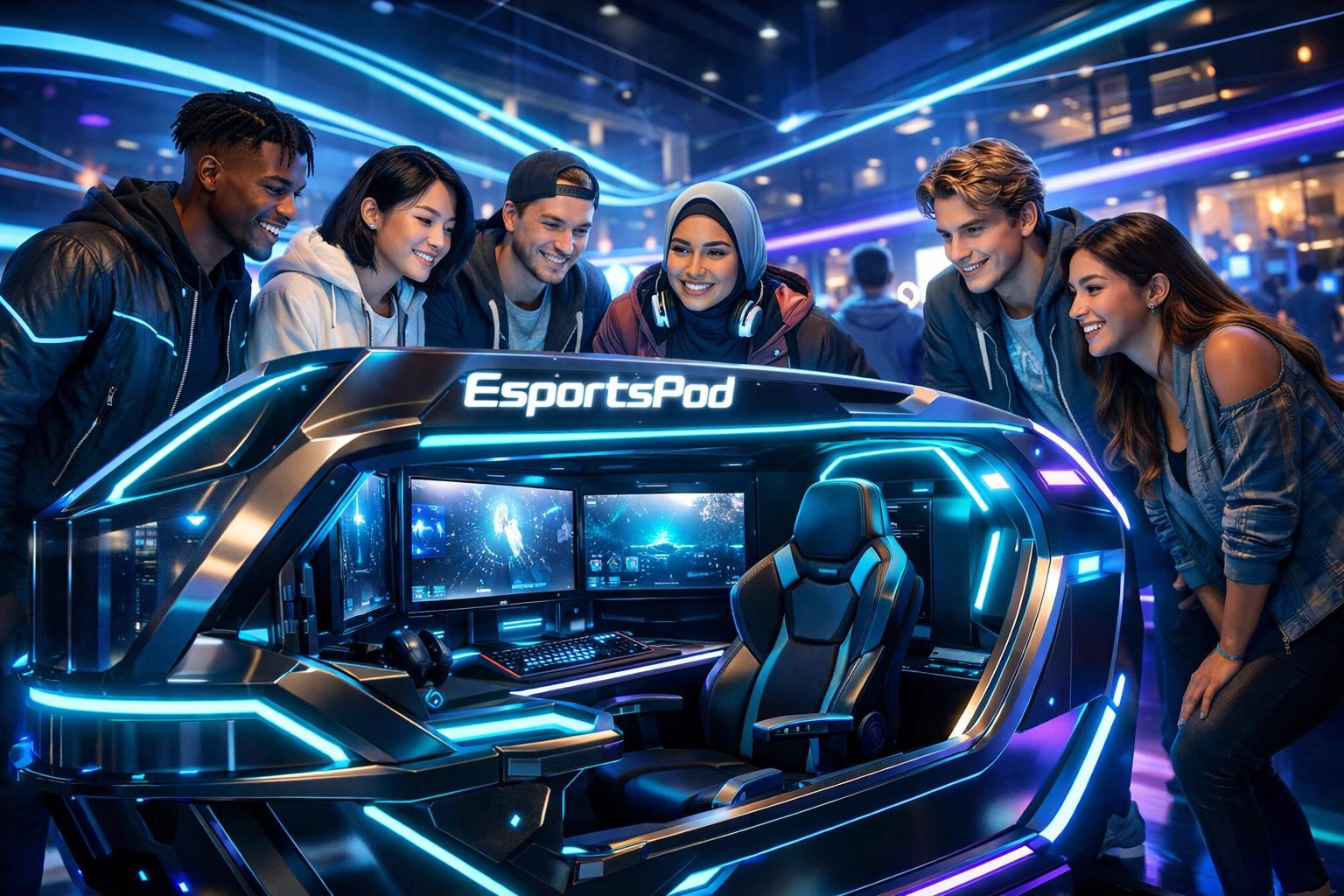 Diverse Gen Z students celebrating at a branded EsportsPod gaming hub to illustrate esports infrastructure.
