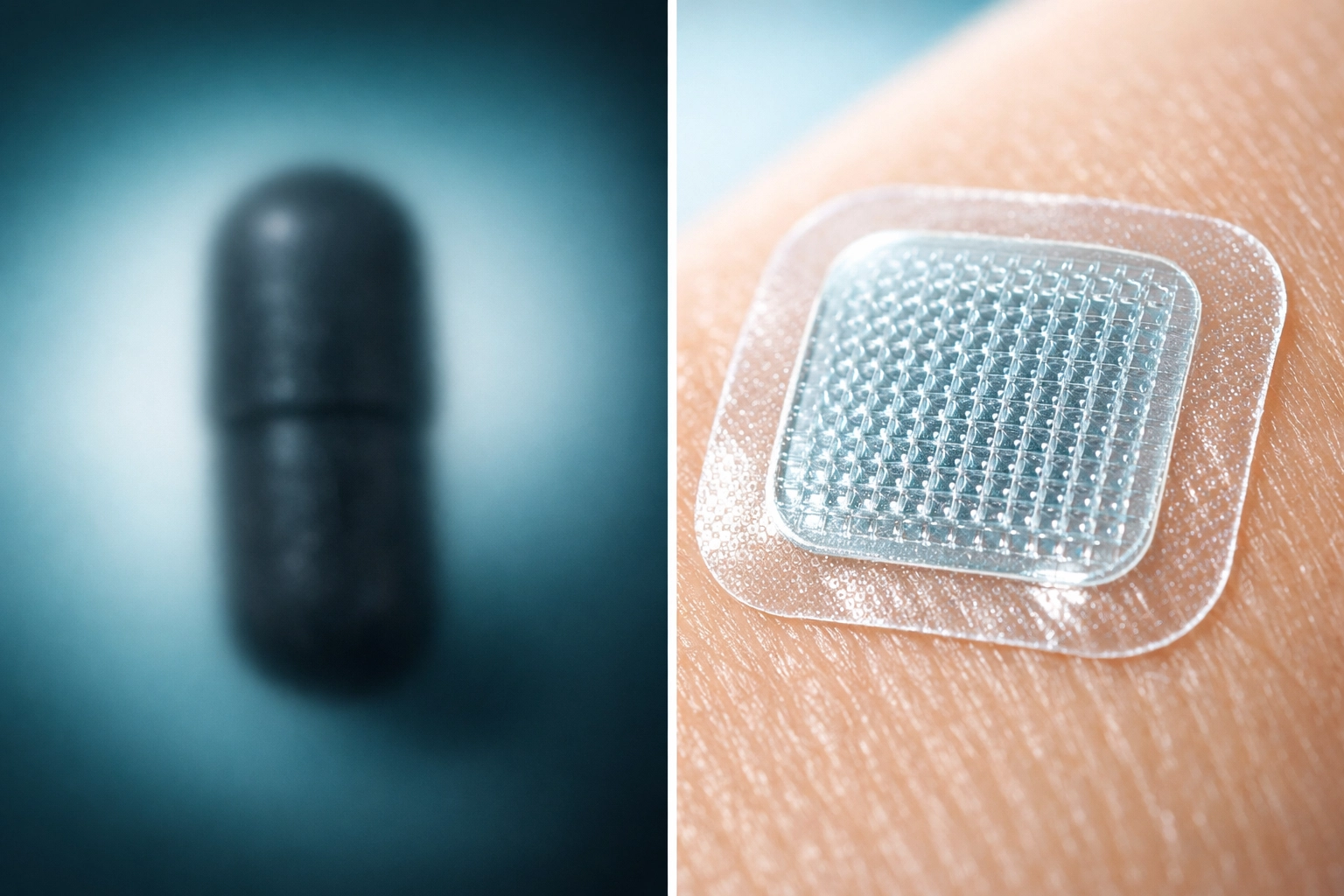 Comparison of traditional oral hormone pills and modern transdermal HRT patches for safety and medical precision.