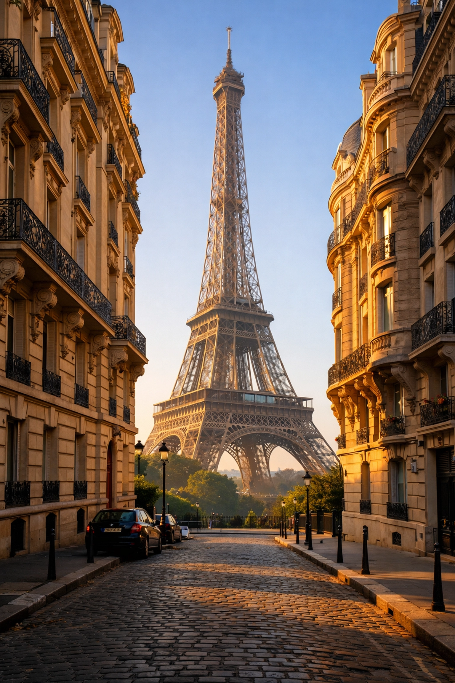 Golden hour view of the Eiffel Tower framed by Parisian architecture, a top photography location.