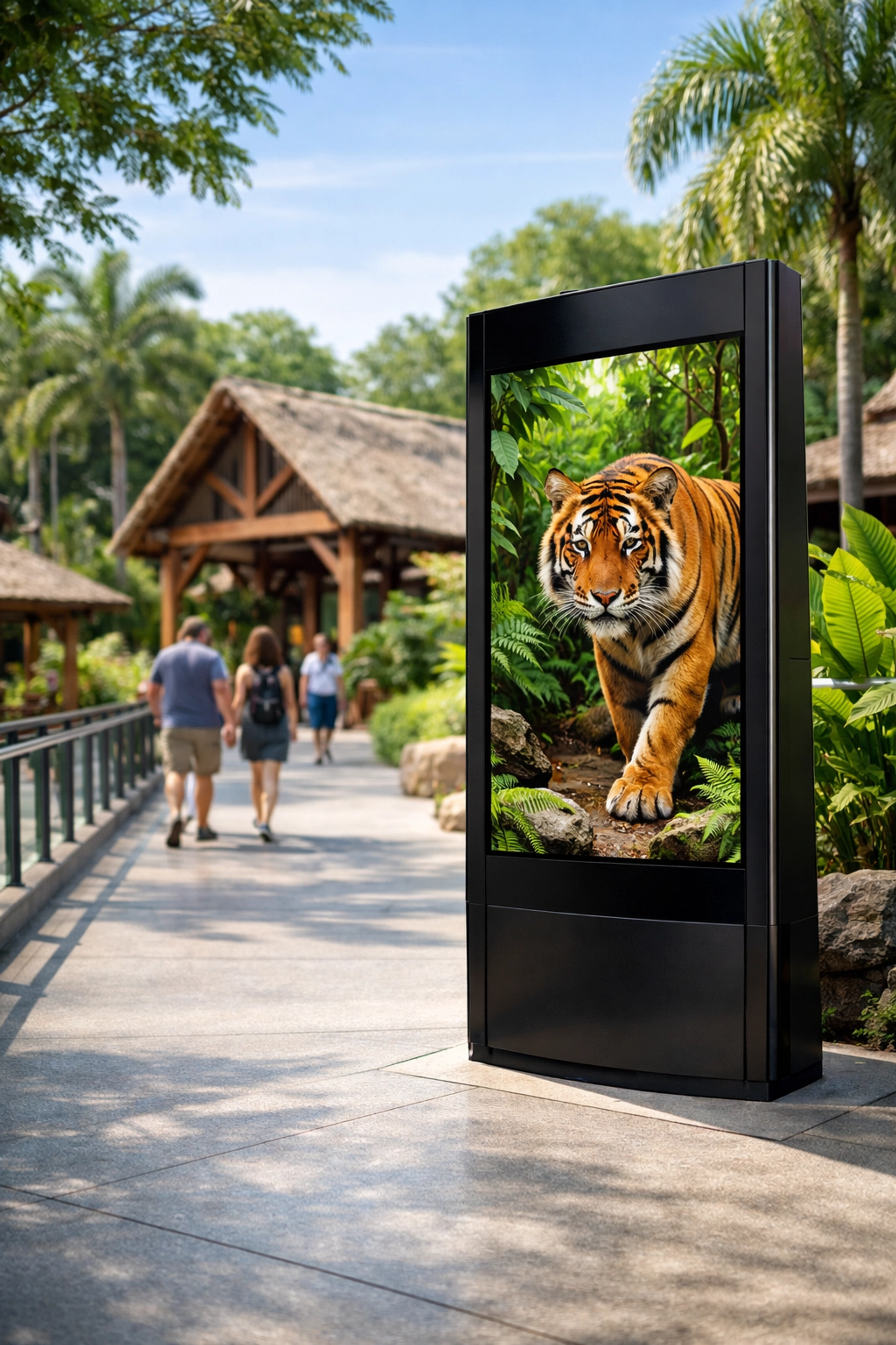 Digital media pylon in a zoo venue displaying high-quality tiger content for visitor engagement.