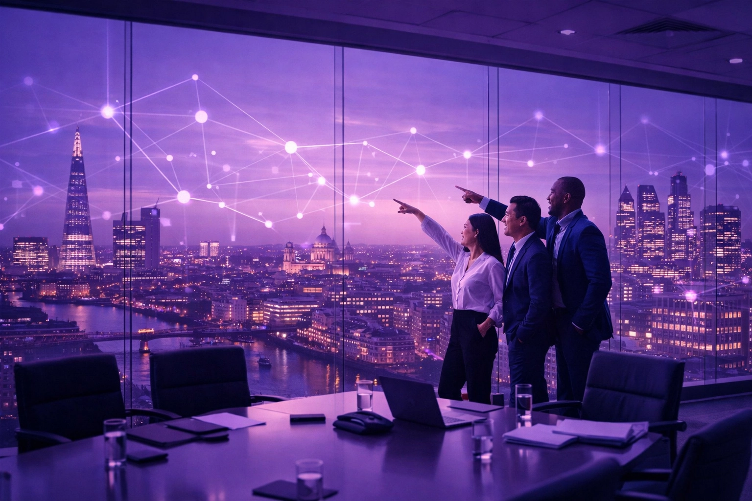 Modern business team scaling operations using automated AI infrastructure in a city boardroom.