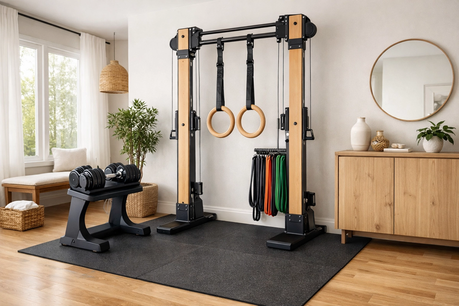A versatile home gym featuring the Resistance Rail system with rings and bands for a full body workout.