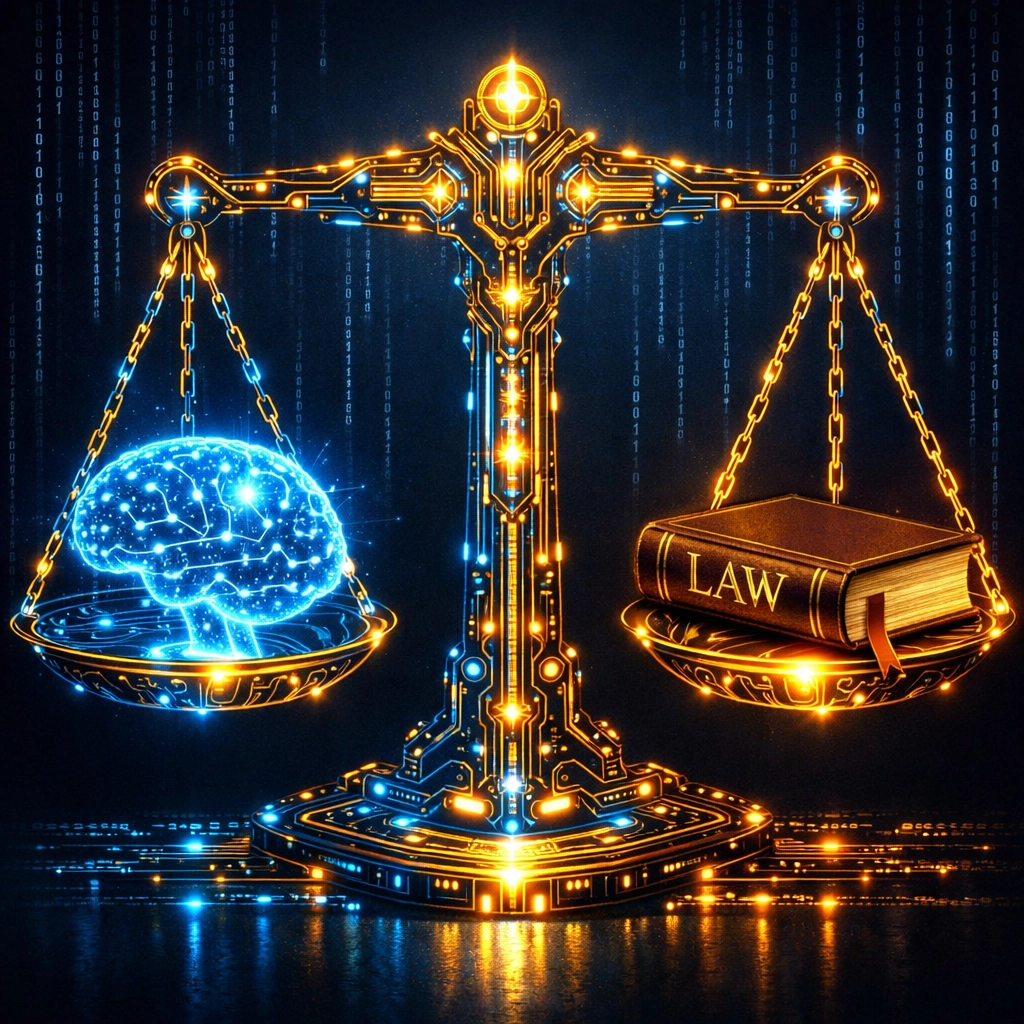 Circuit board scales of justice balancing a digital brain and law book, illustrating AI compliance and legal regulations.