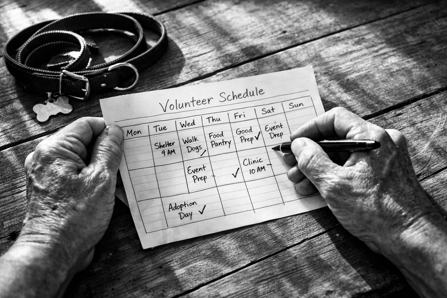 Volunteer schedule and dog leash on table showing commitment to animal shelter work