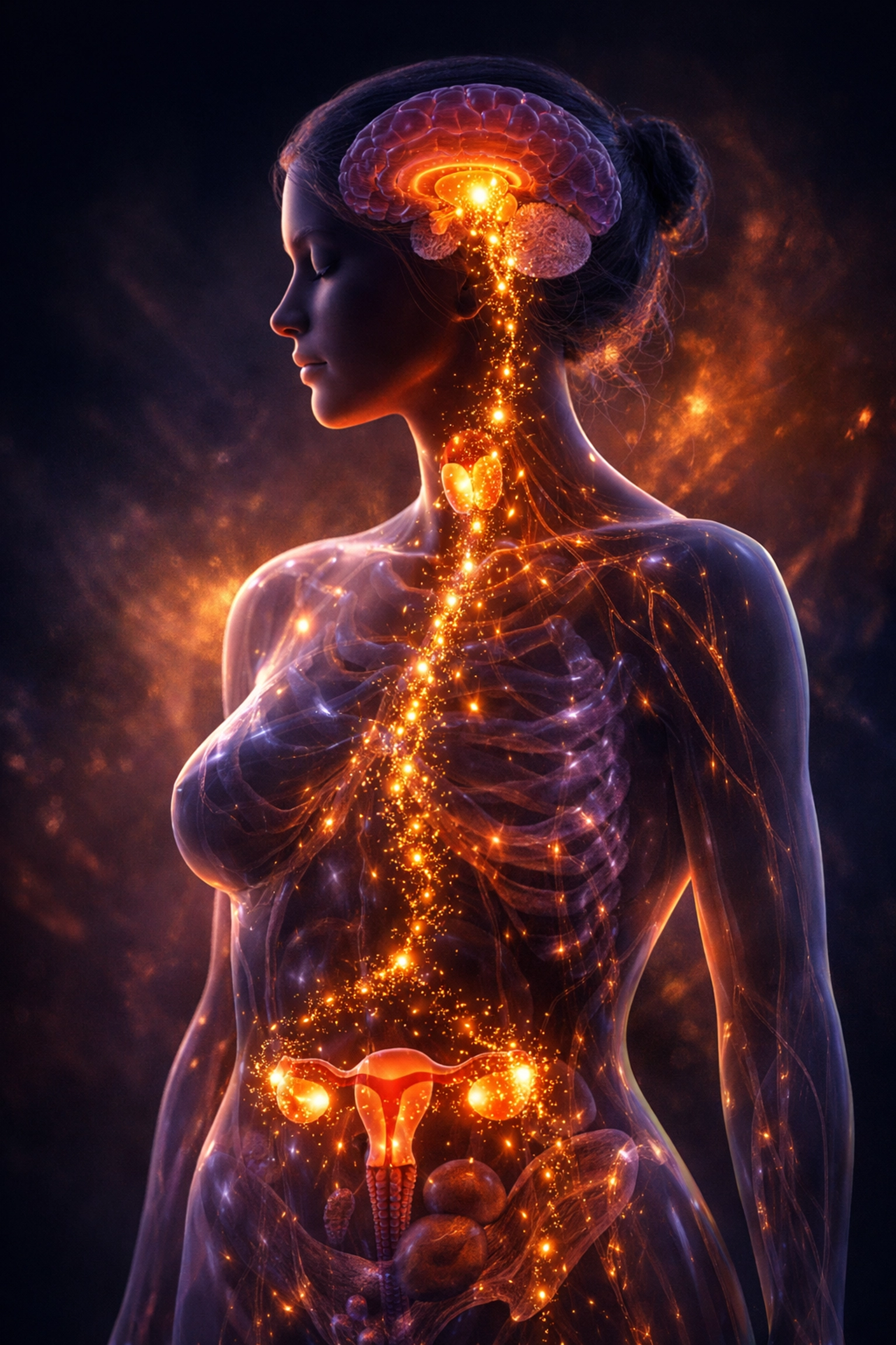 Visualization of the female endocrine system and hormonal pathways affected by intermittent fasting.
