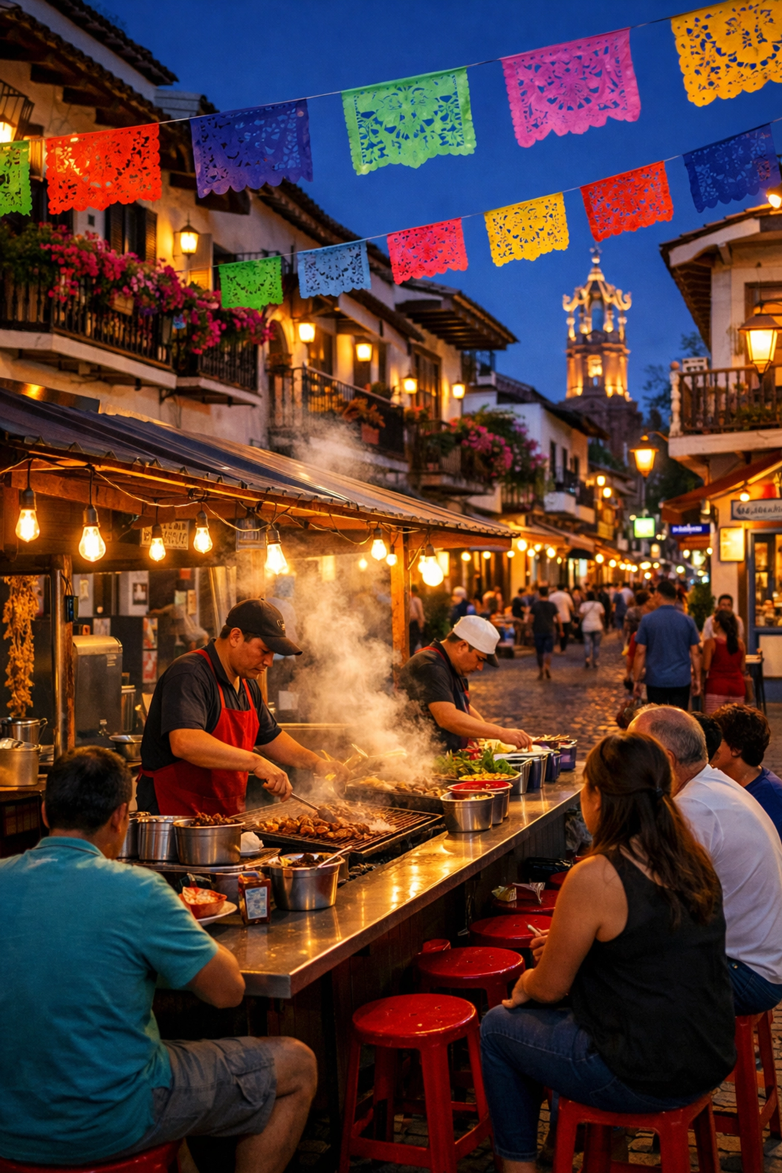 Traditional street taco stand on a cobblestone street in Old Town Puerto Vallarta at night.