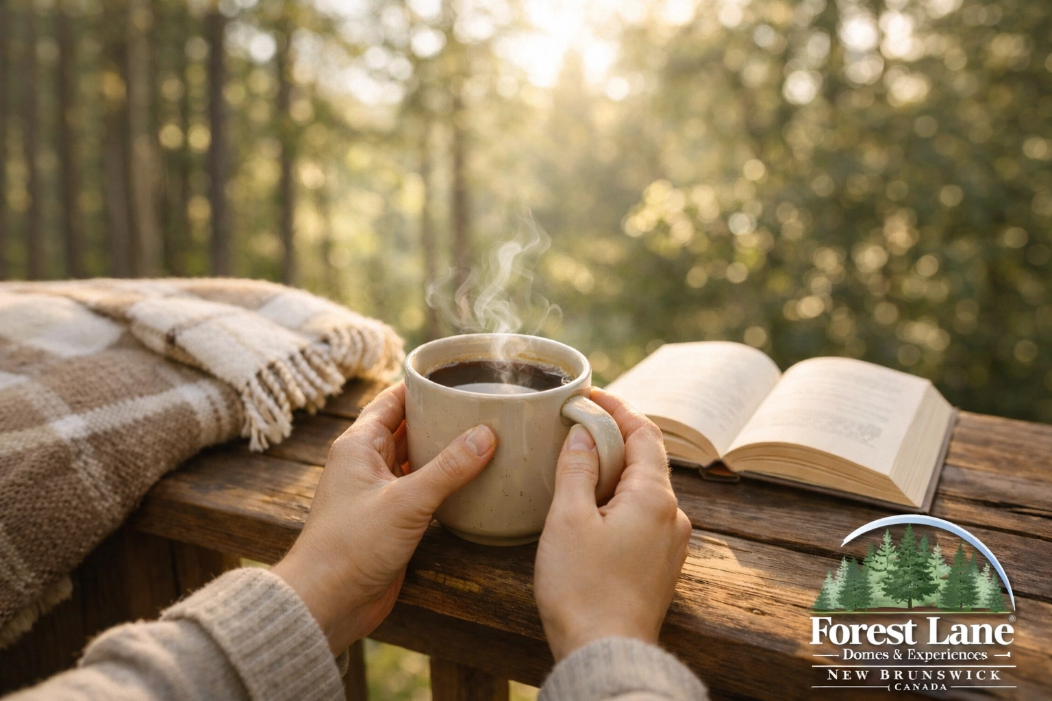 Morning coffee on forest deck showing the slow-paced relaxation of a short local vacation