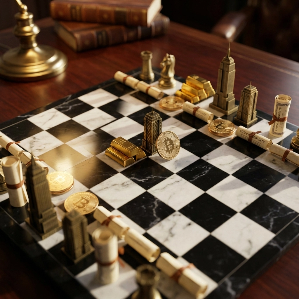 Chess board with real estate, gold, stocks, Bitcoin, and bonds symbolizing strategic portfolio diversification