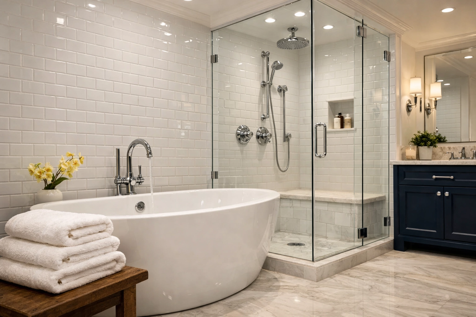 Elite master bathroom sanctuary in Wayland with polished fixtures and deep soaking tub.