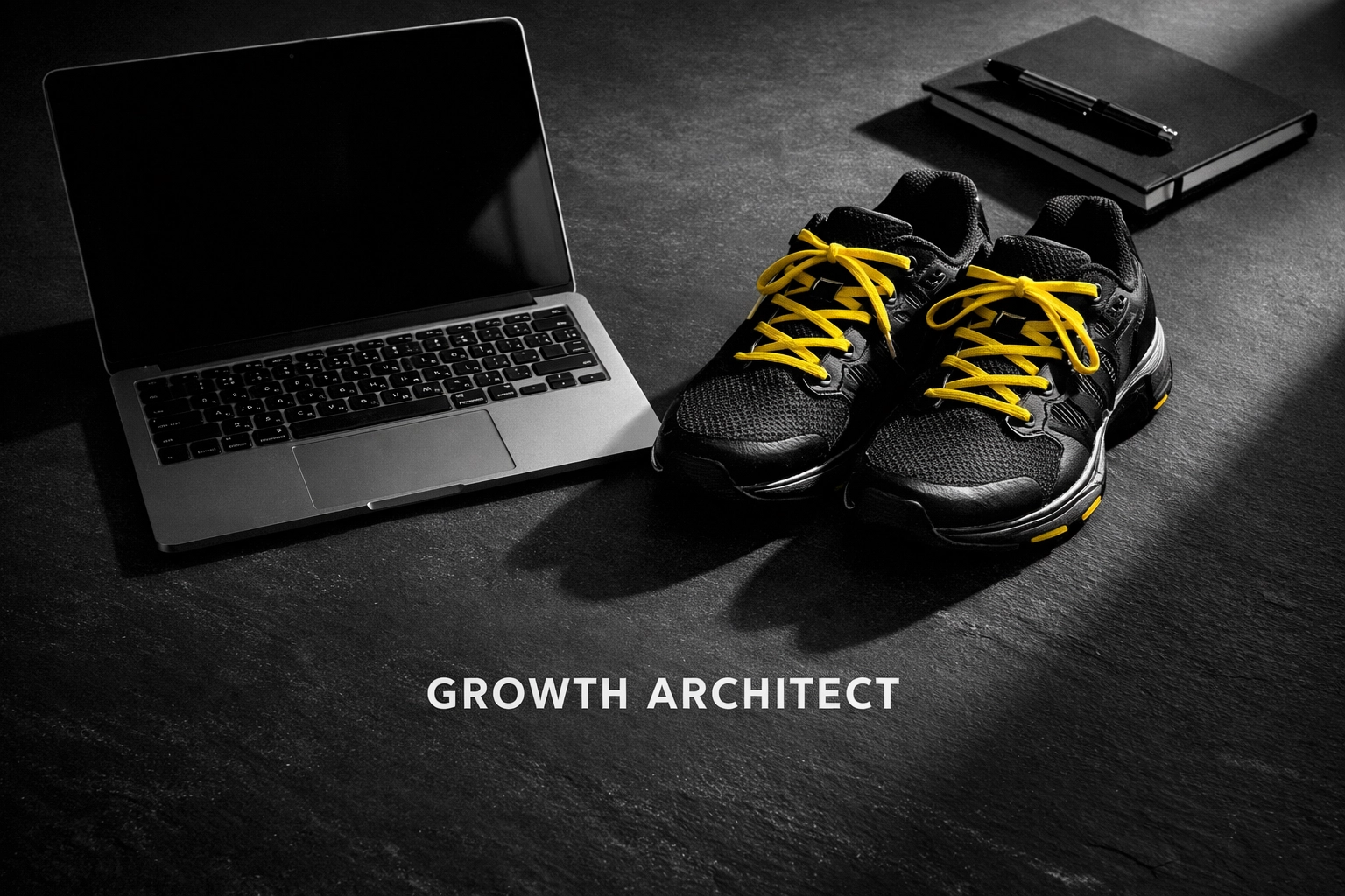 Modern fitness business workspace showing a laptop and gear for a personal trainer growth architect.