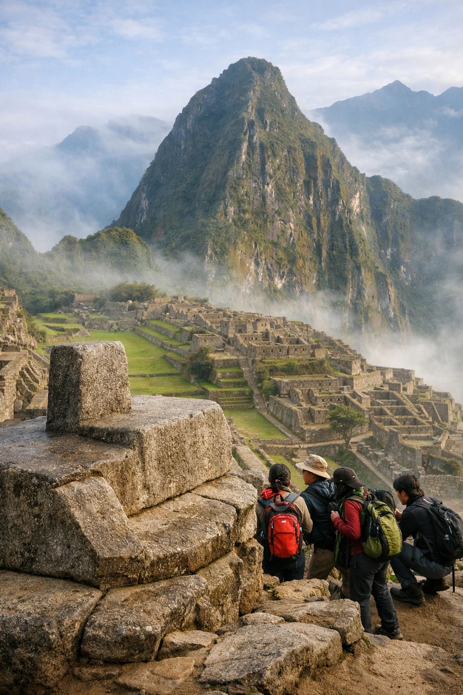 Students exploring Machu Picchu Circuit 2 with Intihuatana stone and mountain views on educational tour