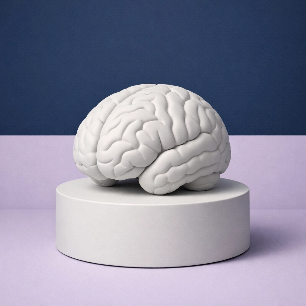 Minimalist brain sculpture representing mental recovery and cognitive restoration for peak performance.