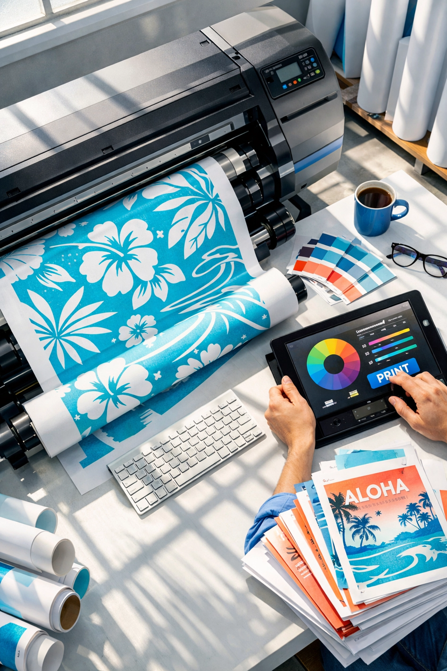 Fast print production in Kona shop showing banner printing with quick 2-day turnaround service