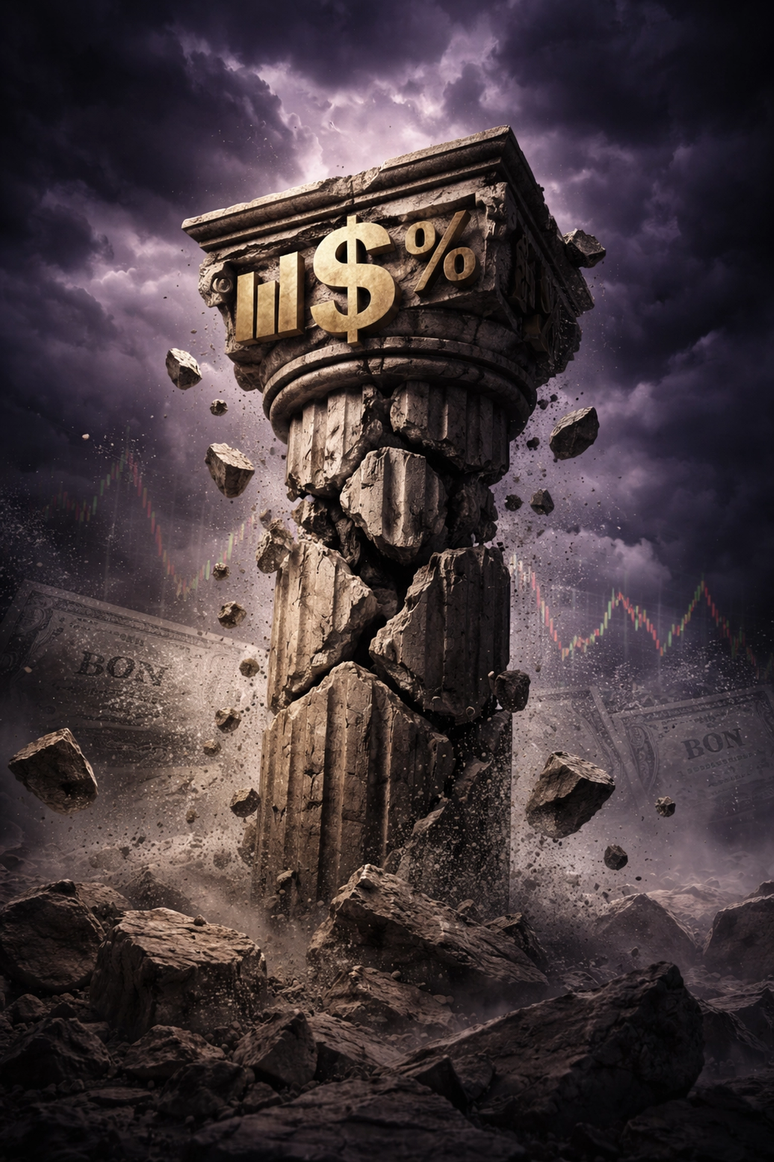 Crumbling stone pillar with financial symbols symbolizes the decline of traditional 60/40 investment models.