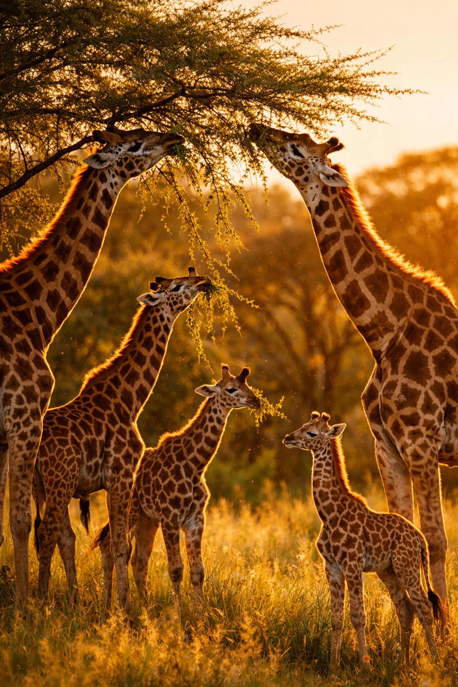 Family of giraffes grazing during golden hour for professional animal stock photography.