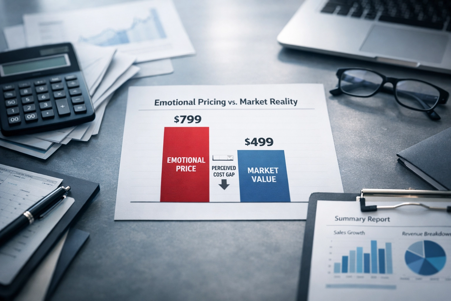 Business valuation documents and market analysis charts for pricing Alabama business sale