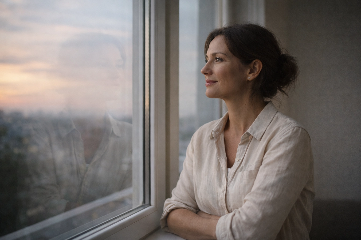 A mom looking out a window in a quiet moment, representing mental clarity and reduced stress.