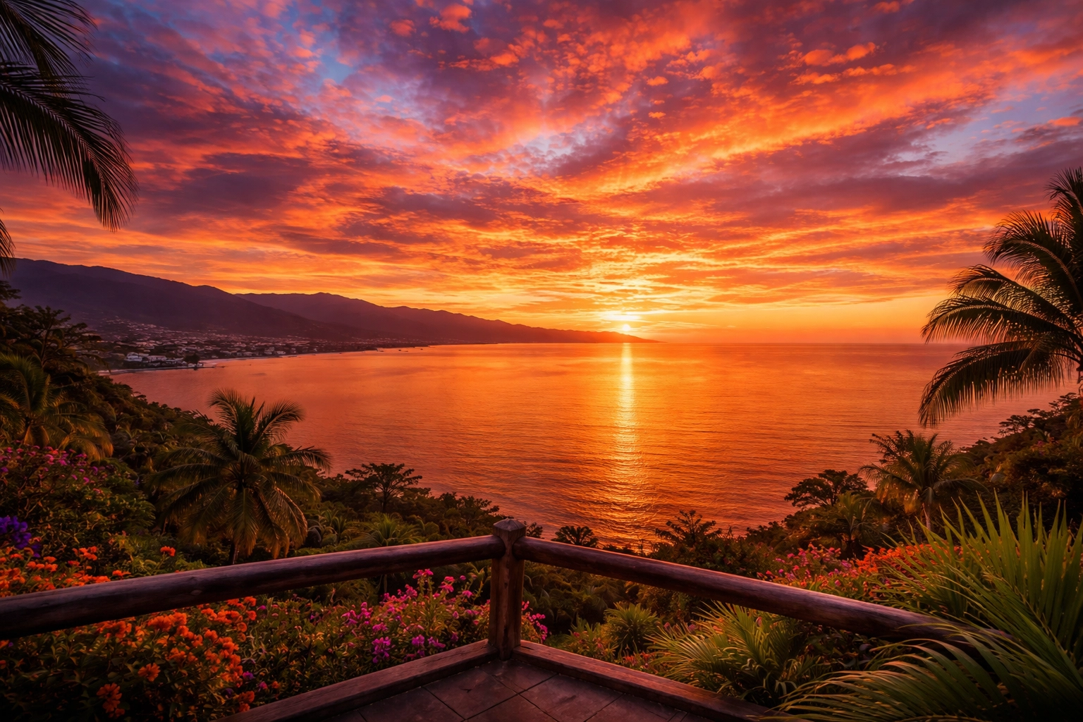 Panoramic sunset view over Banderas Bay from a hillside terrace in Amapas, Puerto Vallarta