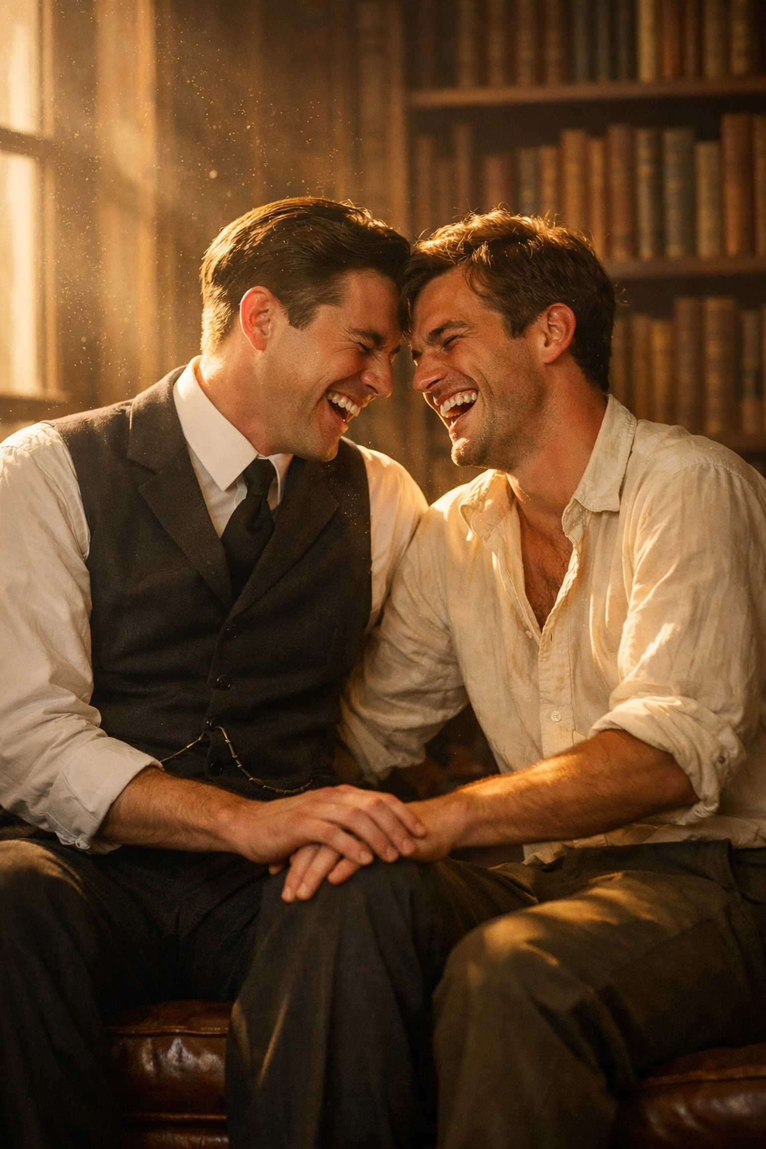 Two gay men in Edwardian attire sharing a joyful moment in a sunlit library.