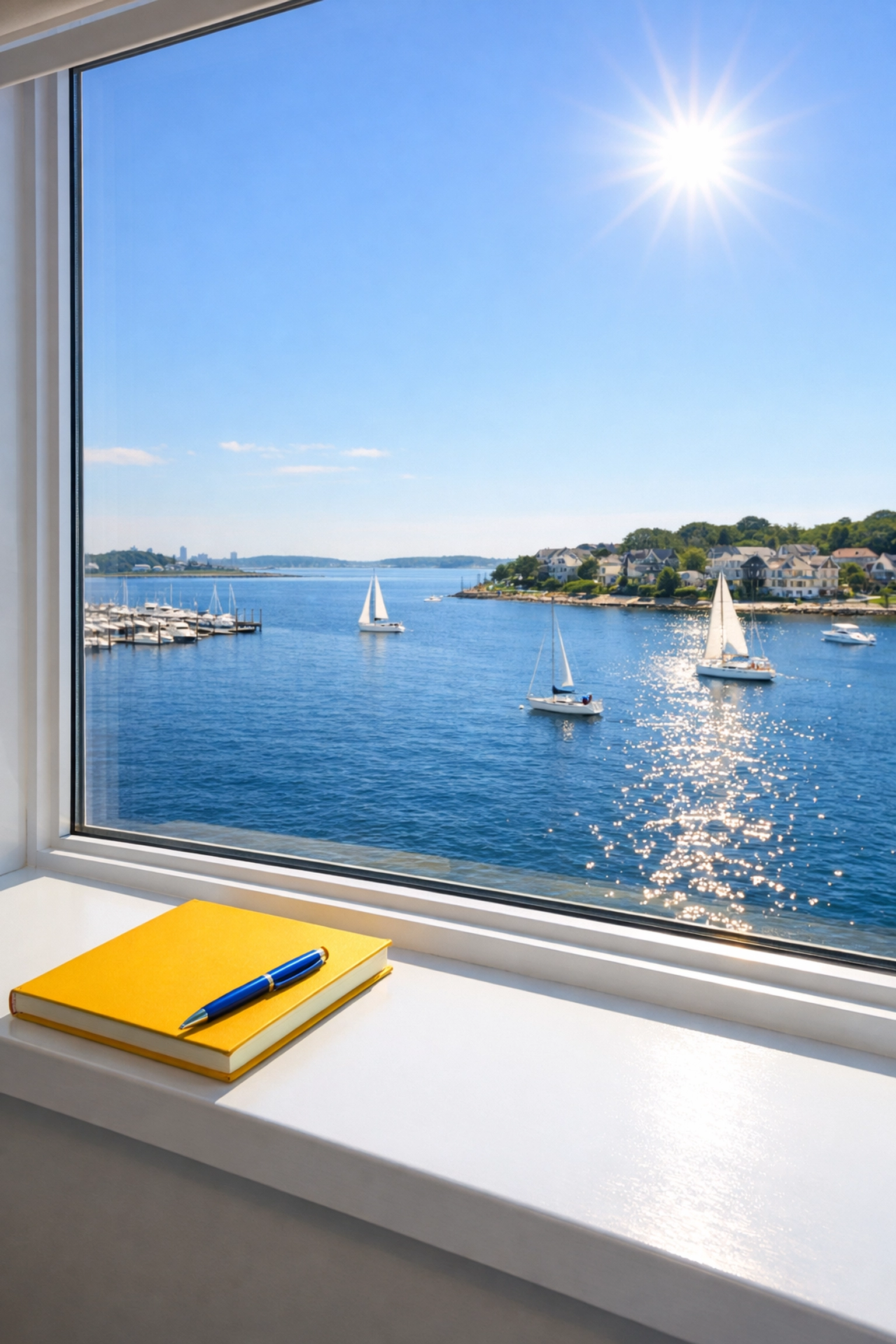 Spotless office interior in Winthrop MA with a view of the harbor highlighting professional cleaning services.