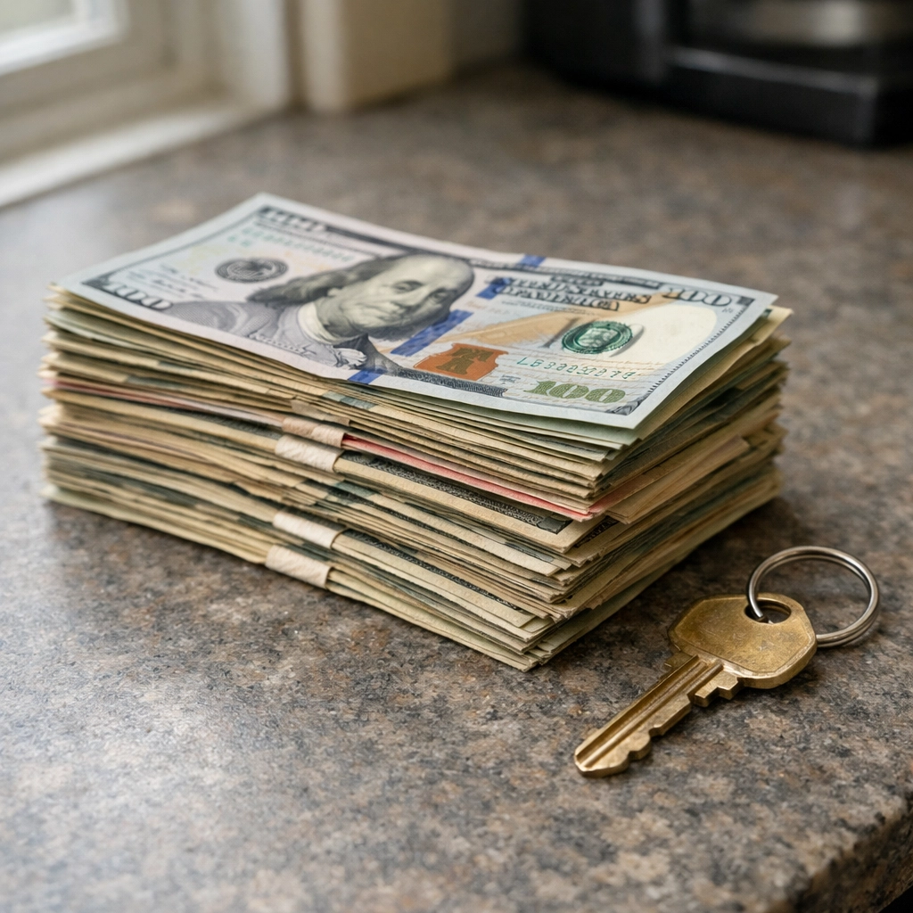 Cash and house key representing direct sale of rental property to tenant buyer