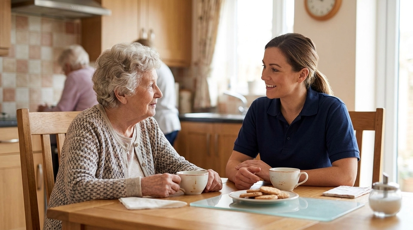 A caregiver and senior resident sharing a meal in a homelike kitchen area, emphasizing personalized attention.
