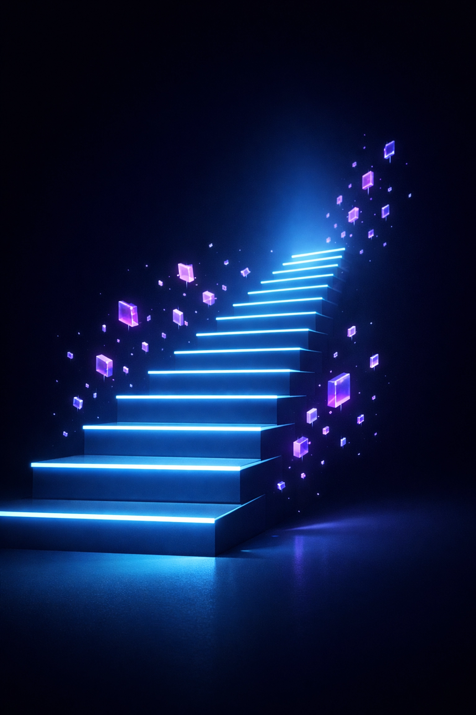 A neon staircase illustrating growth through AI-based SEO strategies and automated content scaling.