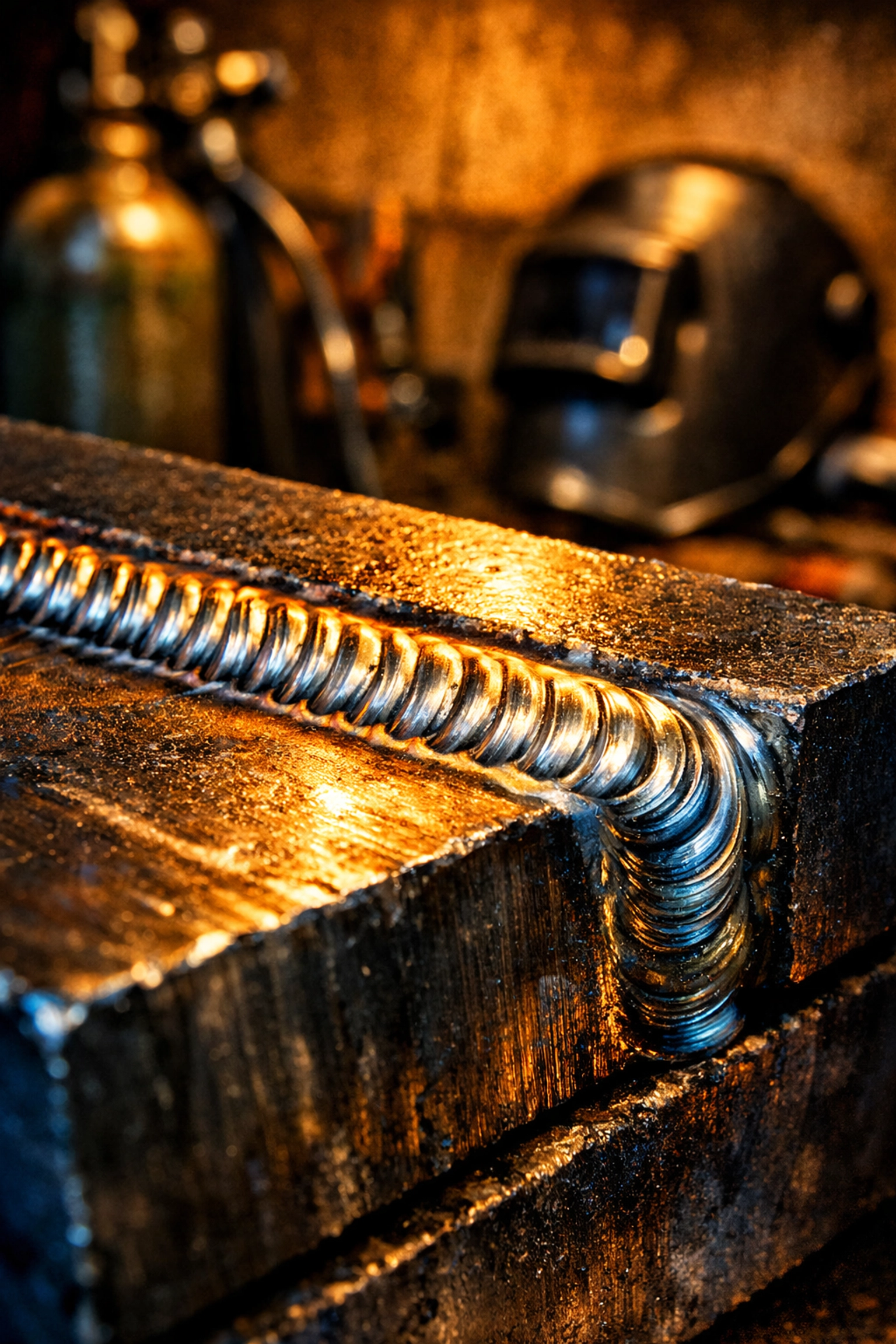 Quality weld bead on steel demonstrating professional welding work with proper gas supply