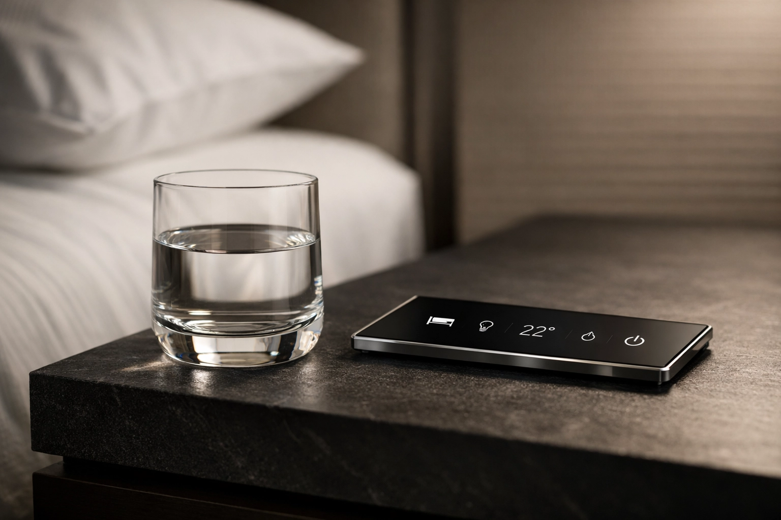 Digital control tablet on a hotel nightstand for a seamless, tech-enabled guest stay.