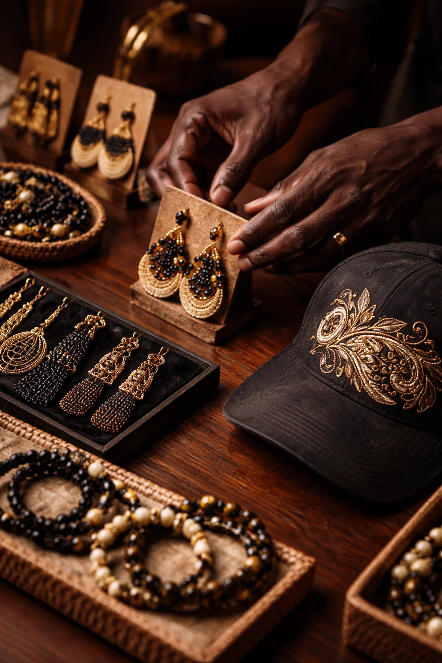 Close-up of Black hands arranging artisan jewelry and accessories, highlighting Black-owned crafts and intentional shopping.