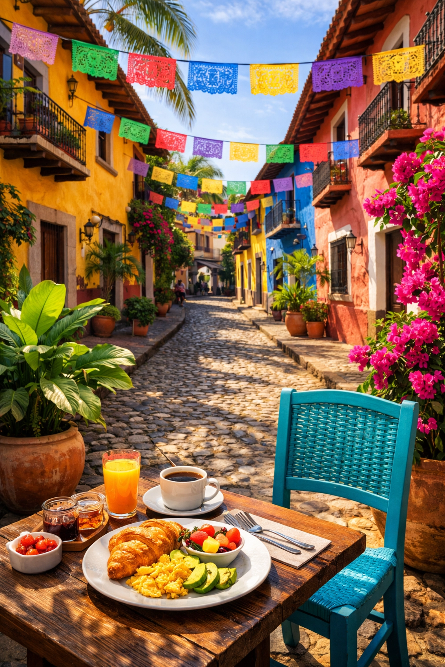 Charming cobblestone street cafe in Old Town Puerto Vallarta Zona Romántica with colonial buildings