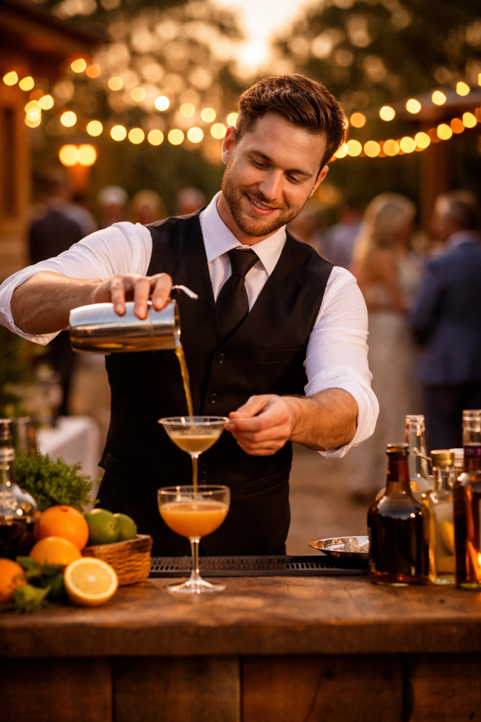 TABC certified bartender pouring cocktails at an elegant West Texas outdoor wedding reception